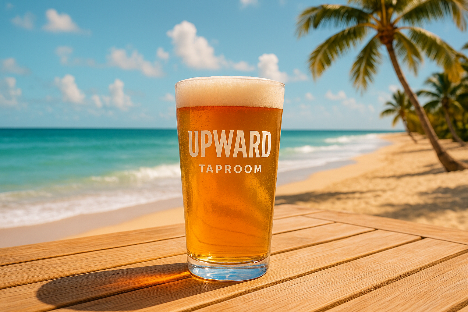 Craft Beer at bright beach with Upward Taproom logo on glass